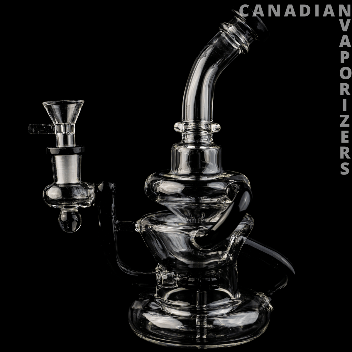 Black | Hydros Glass Kliencycler - Black glass Kliencycler water pipe with a curved neck, clear glass bowl, and sculpted chambers.