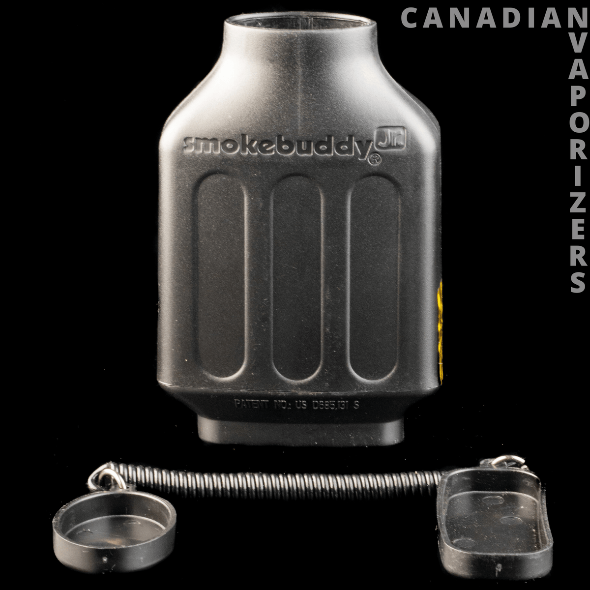 Black Junior SmokeBuddy - Black SmokeBuddy junior personal air filter with ribbed body and attached metal chain, clip, and tray.