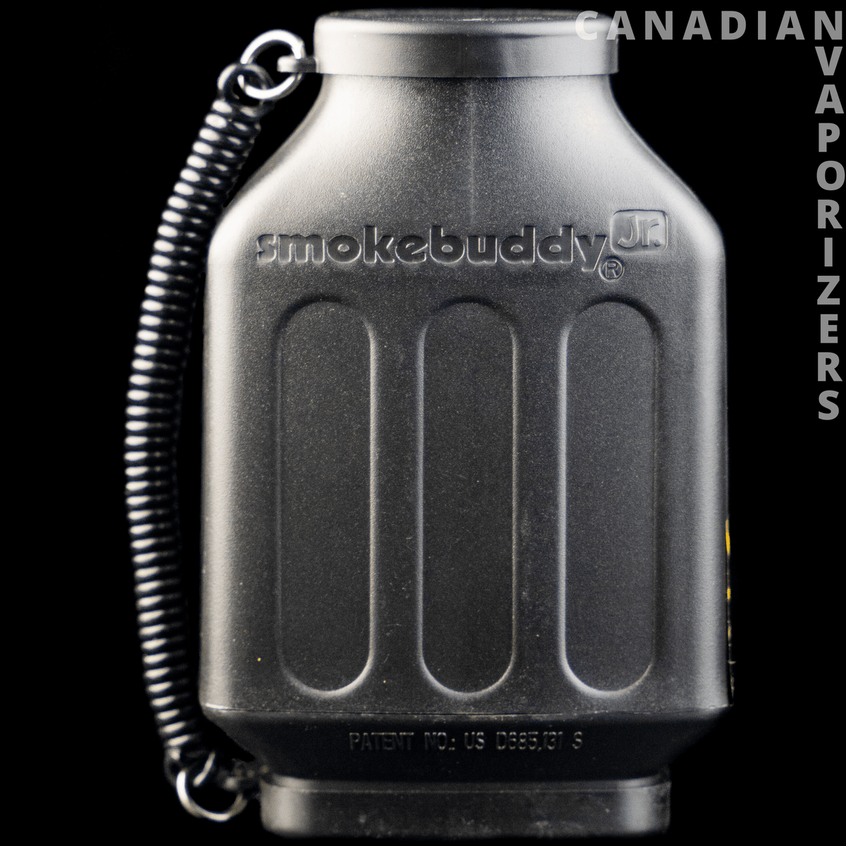 Black Junior SmokeBuddy - Black SmokeBuddy Junior filter with ribbed texture, embossed logo, and attached flexible hose.
