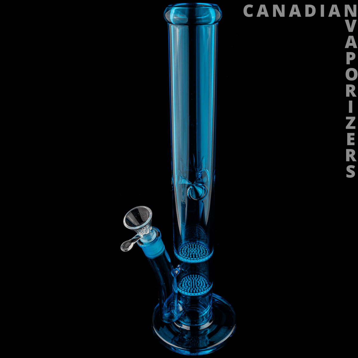 Blue 17" Day Glow Stemless Tube With Dual Honeycomb Percs - Blue glass 17-inch stemless tube with dual honeycomb percolators and angled bowl joint.