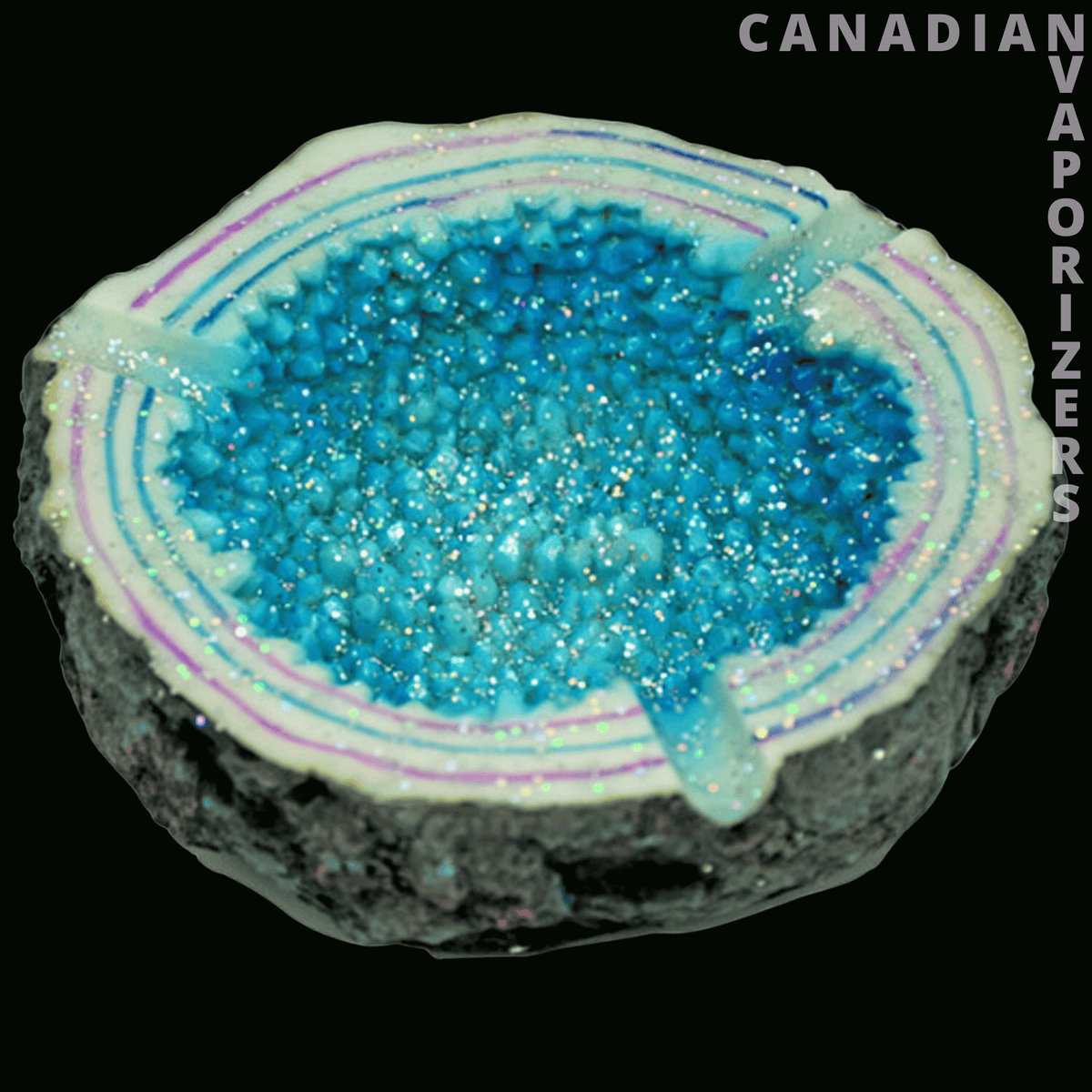 Blue Crystal Ashtray - Round blue crystal ashtray with a sparkling turquoise center and layered iridescent rim.