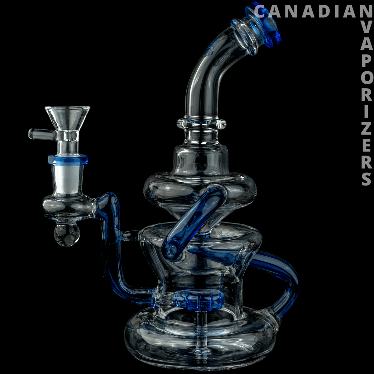Blue | Hydros Glass Kliencycler - Clear glass Kliencycler water pipe with blue accents, curved neck, and multi-chamber percolator.