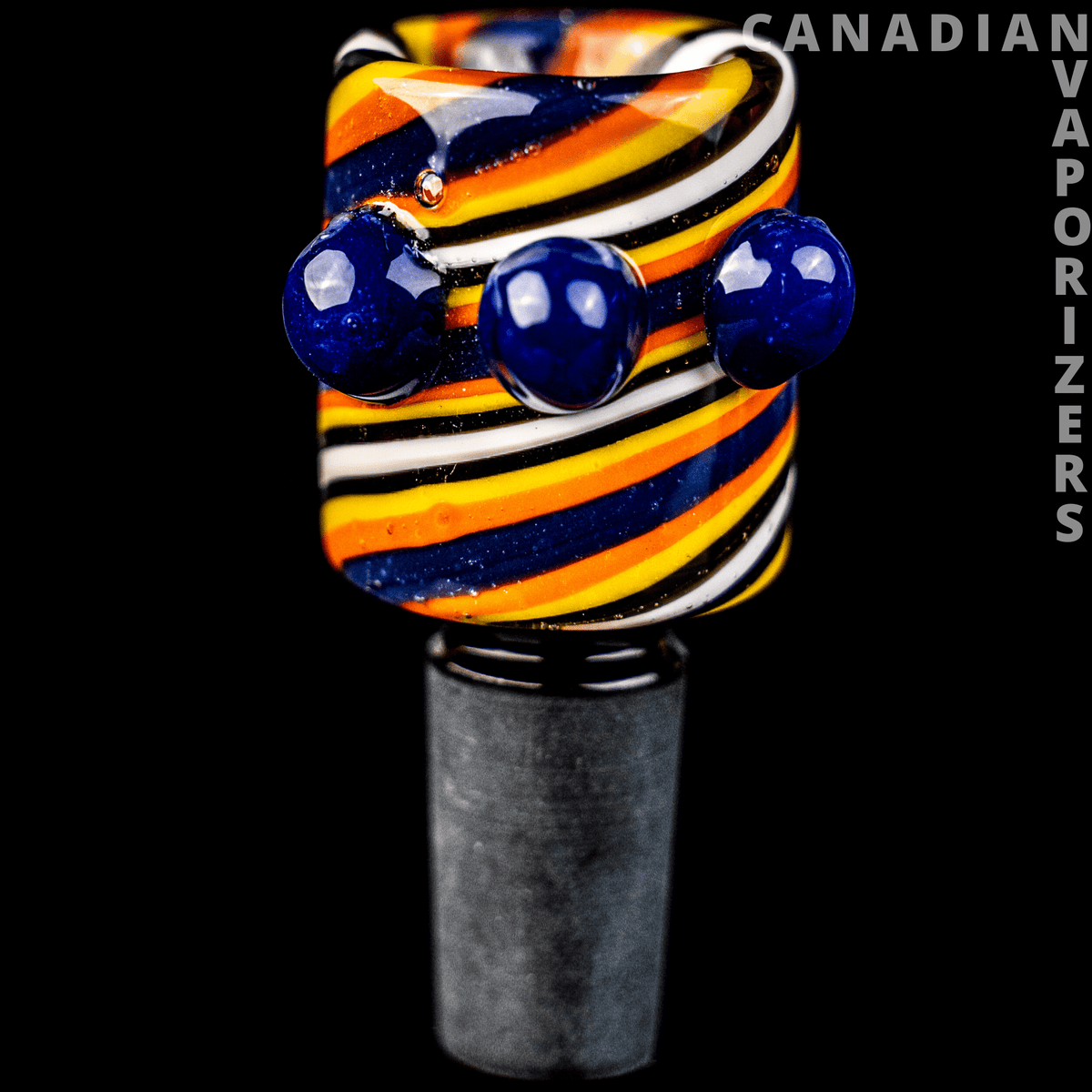 Blue/White/Black/Yellow | 14MM Hydros Whirlpool Bowl - 14 mm glass whirlpool bowl with blue, white, black, and yellow striped swirls and a dark gray joint.