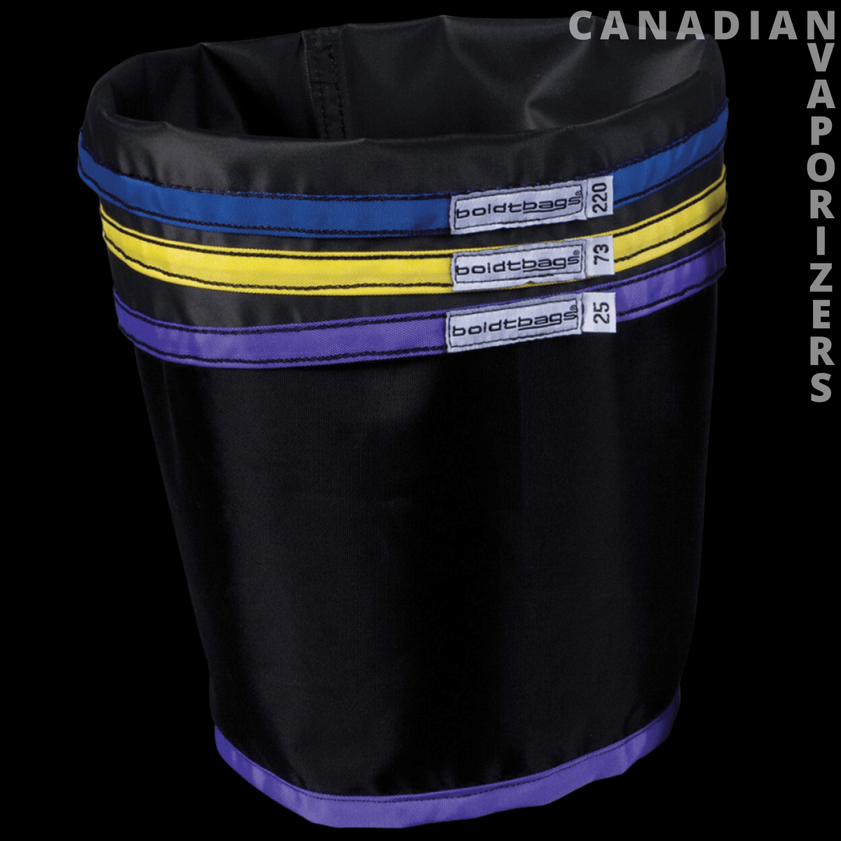 BoldTBags 1 Gallon Boldtbags (Pack of 3) - Three black Boldtbags with blue, yellow, and purple trim and labeled mesh filter bands.