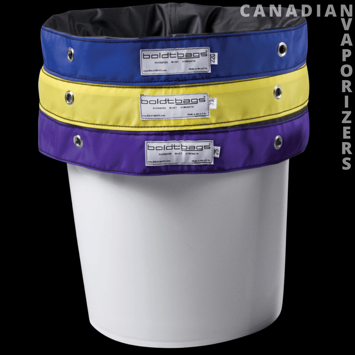 BoldTBags 5 Gallon Boldtbags (Pack of 3) - White 5-gallon bucket with three stacked blue, yellow, and purple BoldtBags filter bags.
