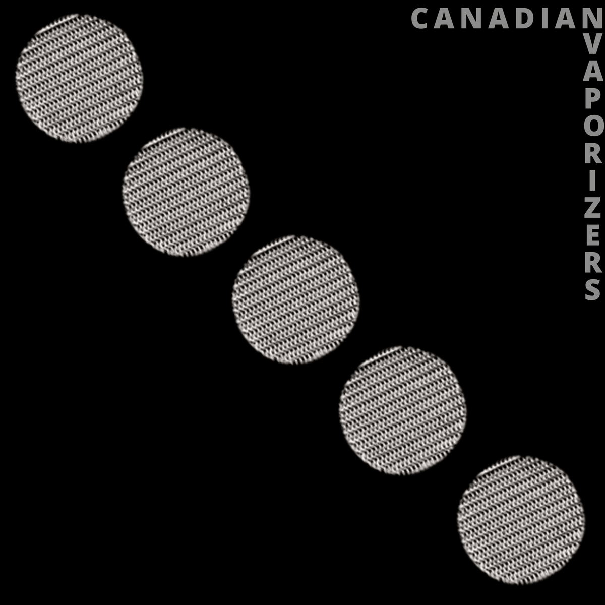 Boundless CF | CFX | CFV | Tera | CFC 2.0 Chamber Screens - Five circular stainless steel chamber screens with fine diagonal mesh, arranged diagonally on a black background.