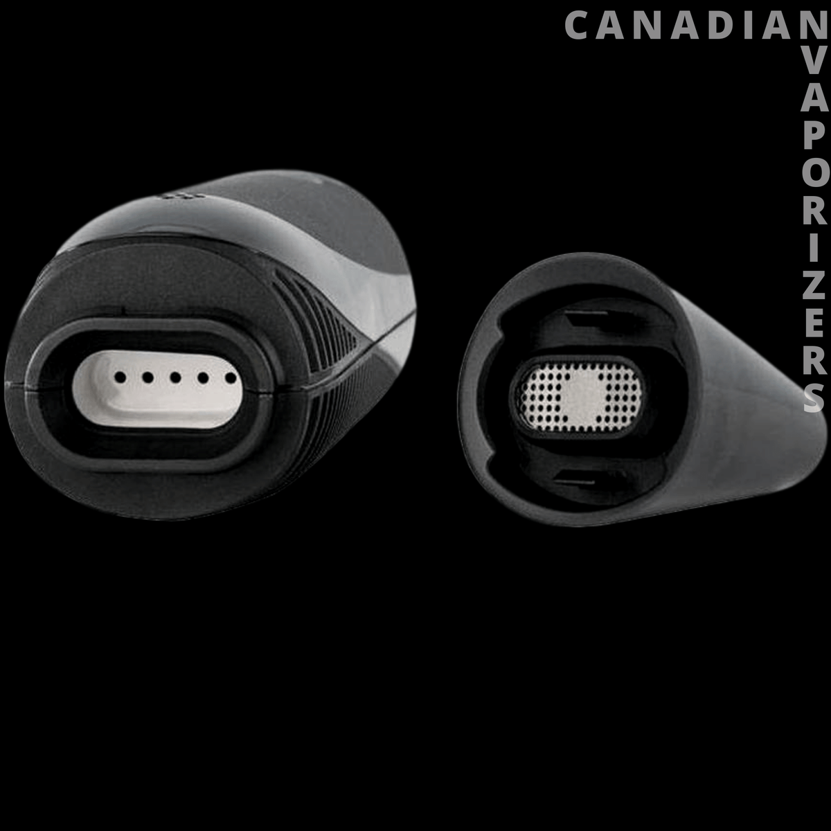 Boundless CFC 2.0 - Black Boundless CFC 2.0 vaporizer with two views showing its mouthpiece and perforated heating chamber.