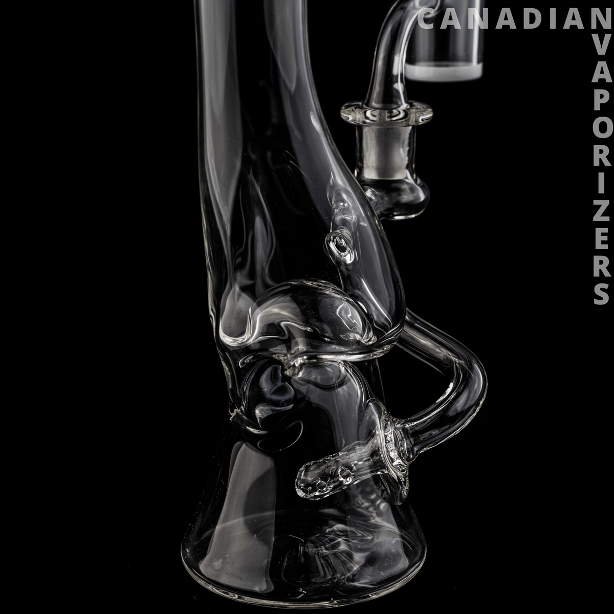 BROWSKI GLASS RECYCLER - Clear heady glass recycler with sculpted looping tubes, angled mouthpiece, and flared base.