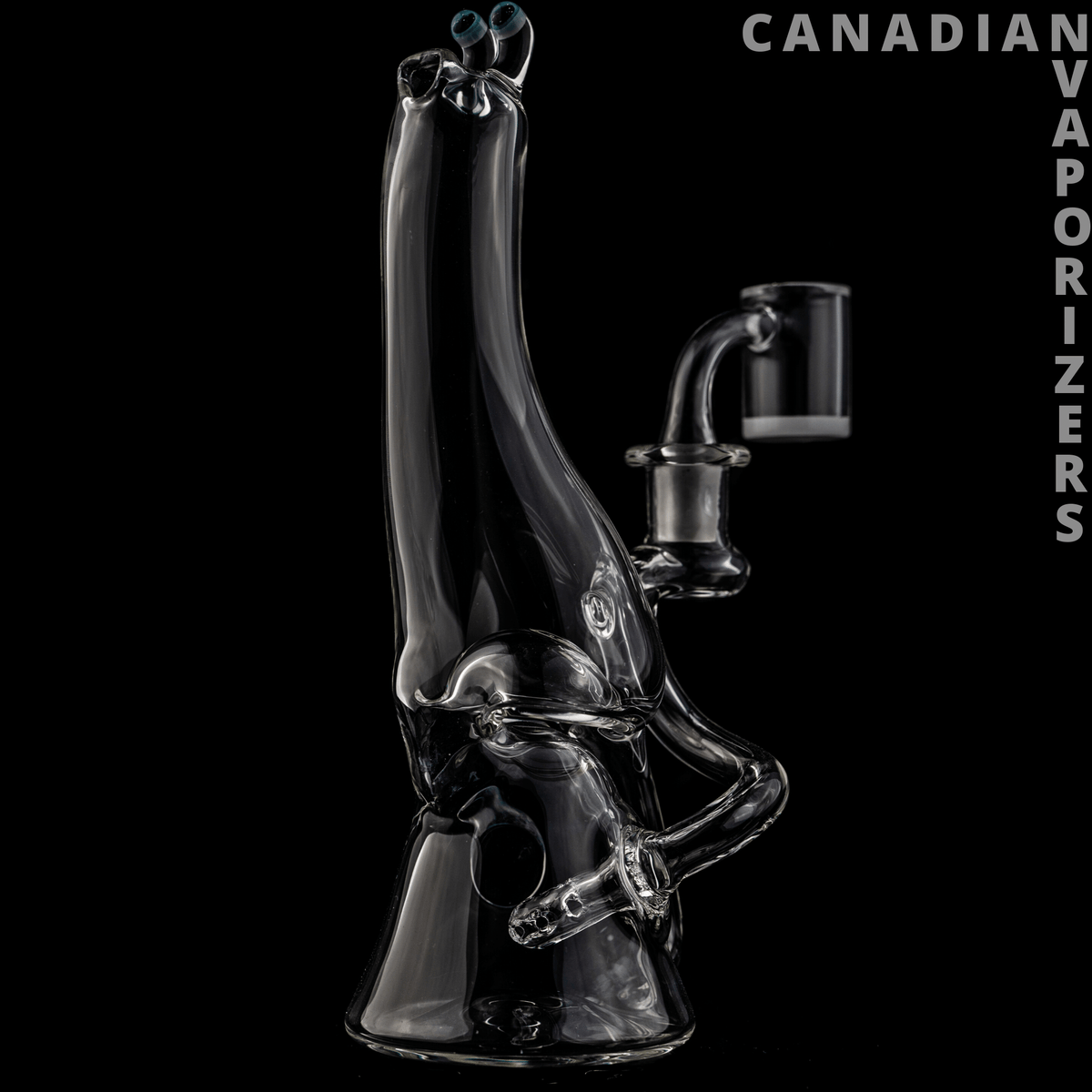 BROWSKI GLASS RECYCLER - Black glass recycler with a curved chamber, angled mouthpiece, and clear jointed percolator.