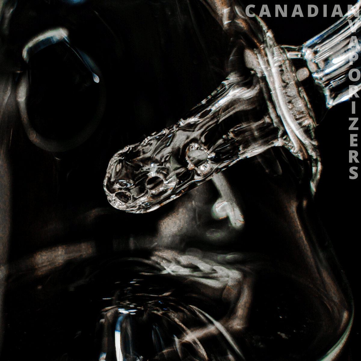 BROWSKI GLASS RECYCLER - Close-up of a clear, intricately sculpted glass recycler with curved chambers and a detailed joint.
