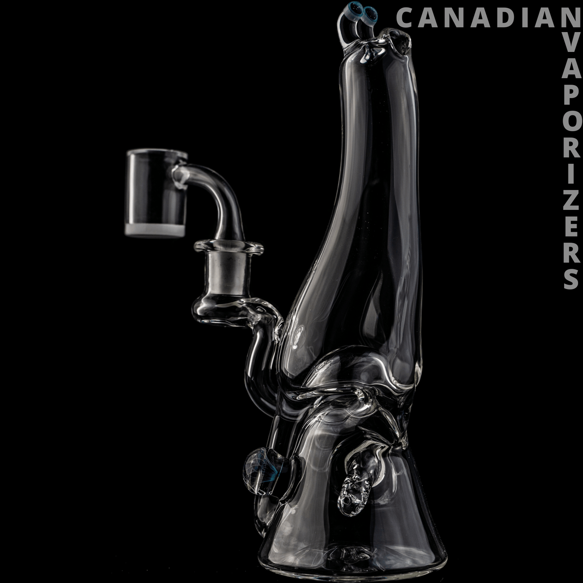 BROWSKI GLASS RECYCLER - Clear heady glass recycler with a tall curved neck, side-mounted quartz banger, and blue accents.