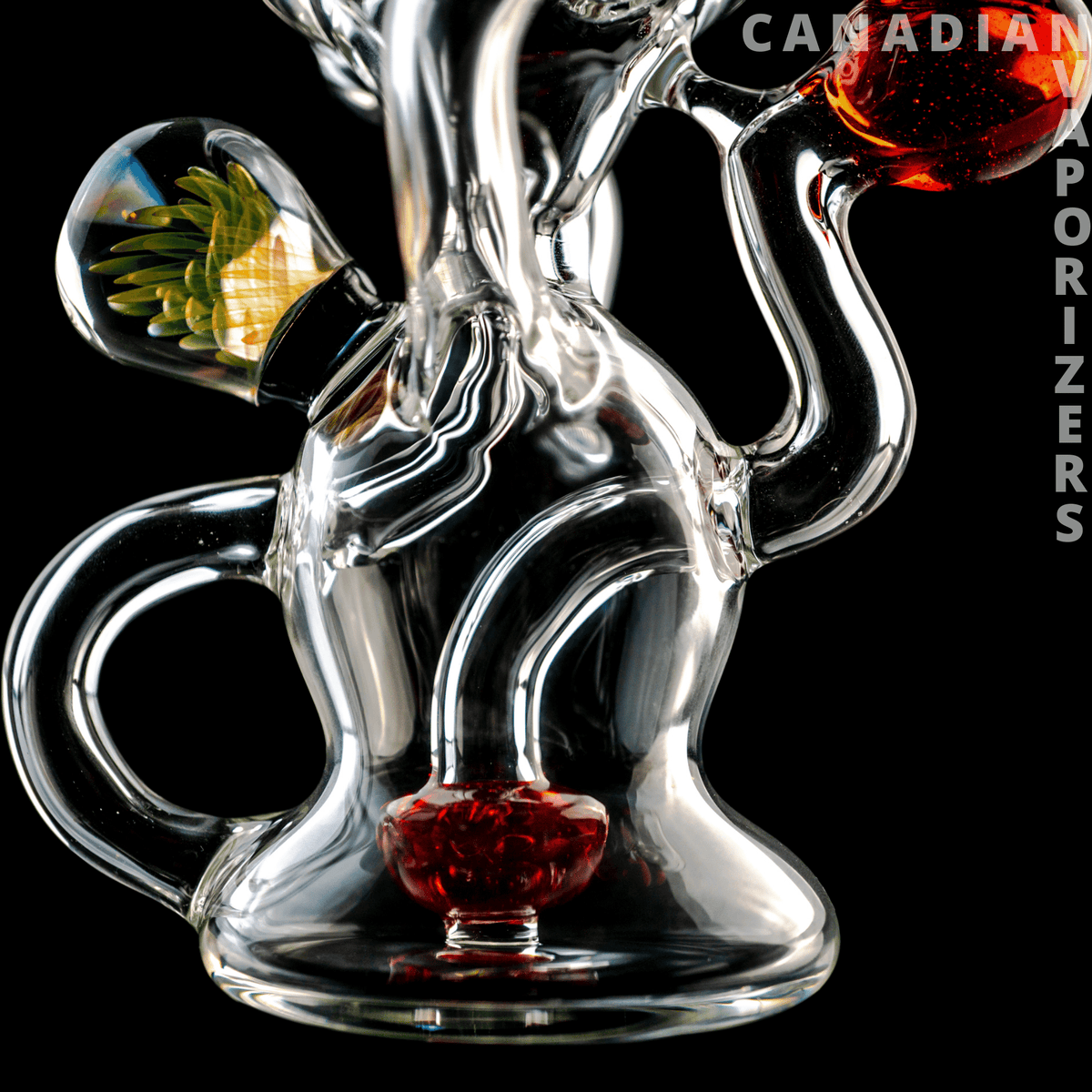 Buck Lee Glass Ball Klien - Clear glass Klein-style water pipe with curved tubing, a red glass bowl, and a wide circular base.