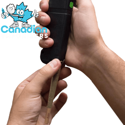 Burnbud - Black handheld vaporizer with a narrow wooden mouthpiece, held in both hands.