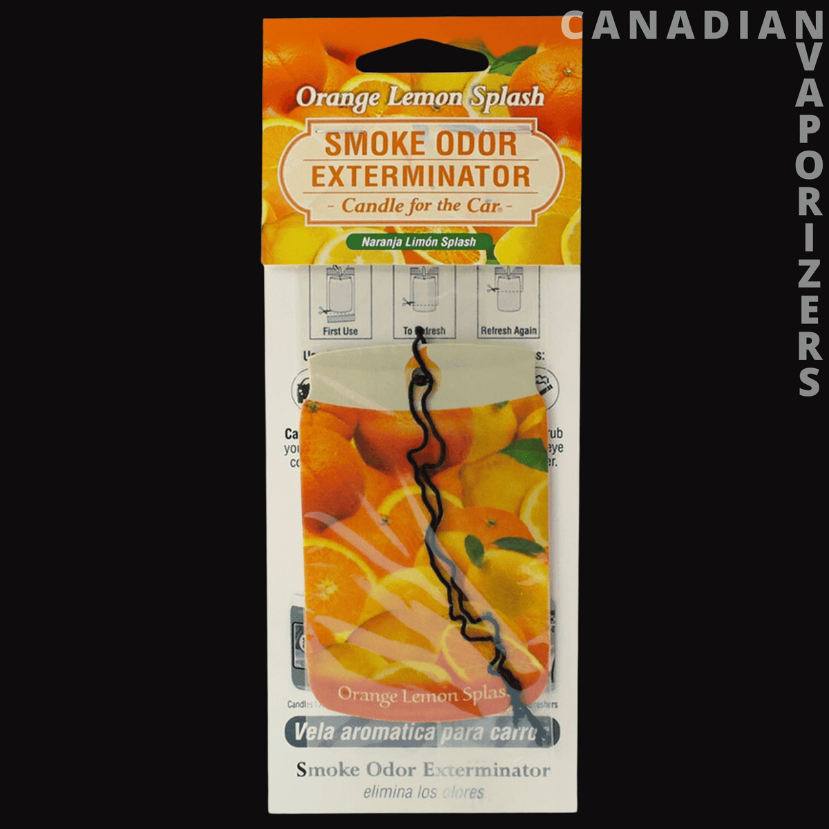 Car Hangers - Orange smoke odor exterminator car hanger with a black hanging cord and citrus graphics.