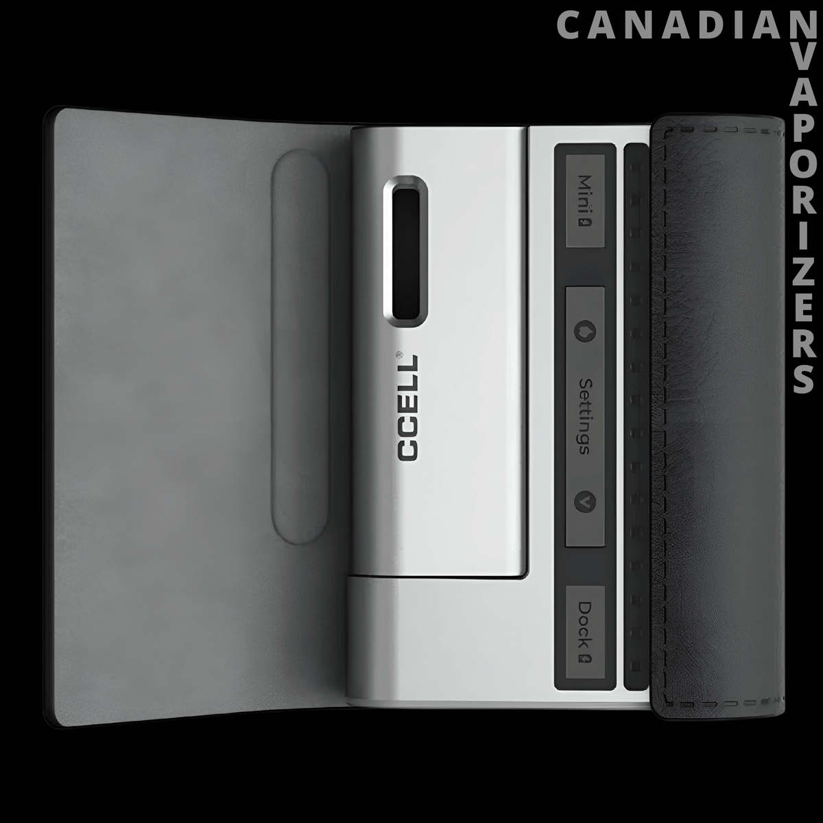 CCell Fino 510 Battery - Open black CCell Fino 510 battery case with a silver device and narrow black accessories.