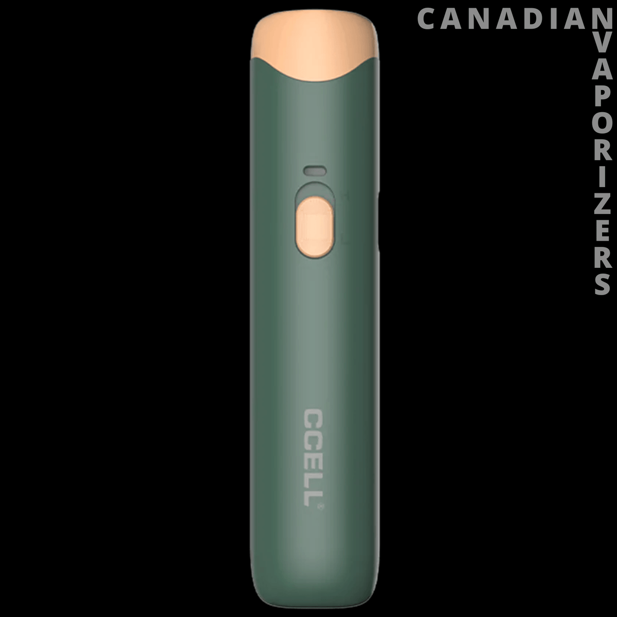 CCell Go Stik 510 Battery - Slim dark green CCell Go Stik 510 battery with peach accents and a single oval button.