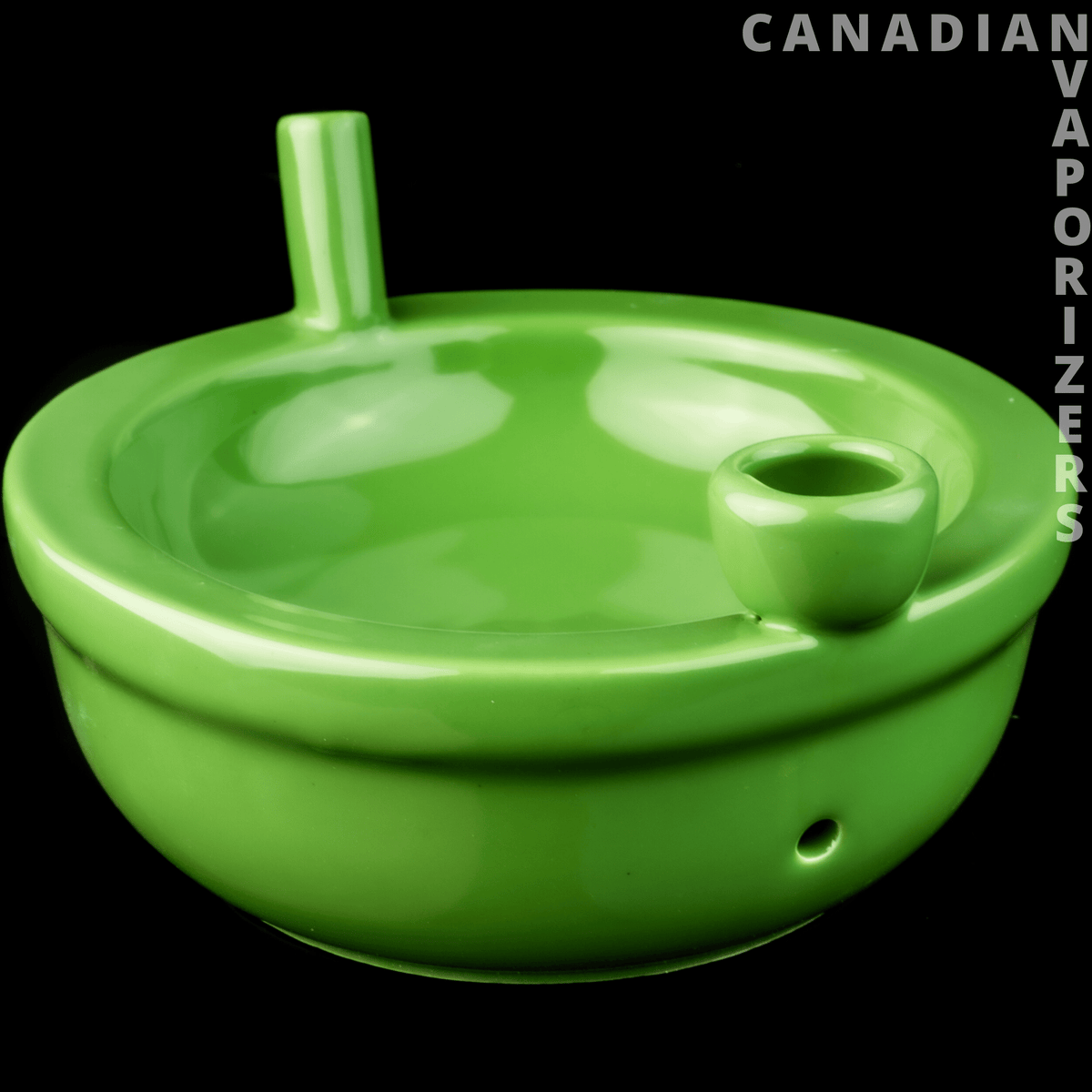 Ceramic Green Munchies Bowl - Glossy bright green ceramic munchies bowl with a raised rim, tubular handle, and small side hole.