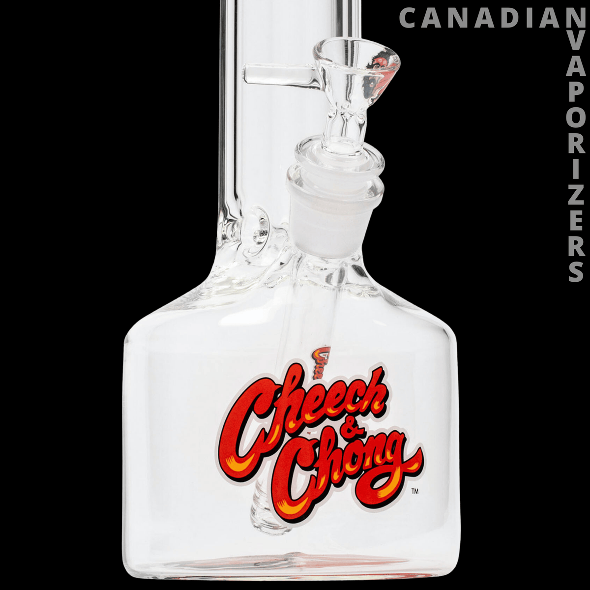 Cheech And Chong 12" Blind Melon Chitlin Tube - Clear glass bong with a square base, angled neck, and red-and-yellow Cheech &amp; Chong logo.