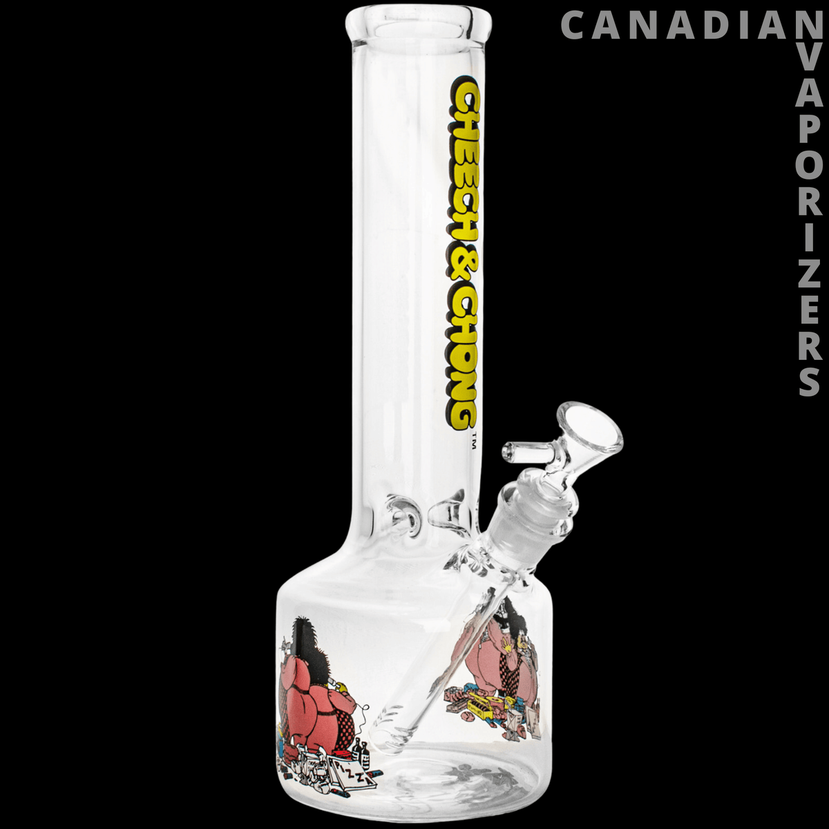 Cheech And Chong 12" Bloat On Canteen Base Water Pipe - Clear glass Cheech and Chong water pipe with a wide canteen base, angled bowl, and yellow logo.