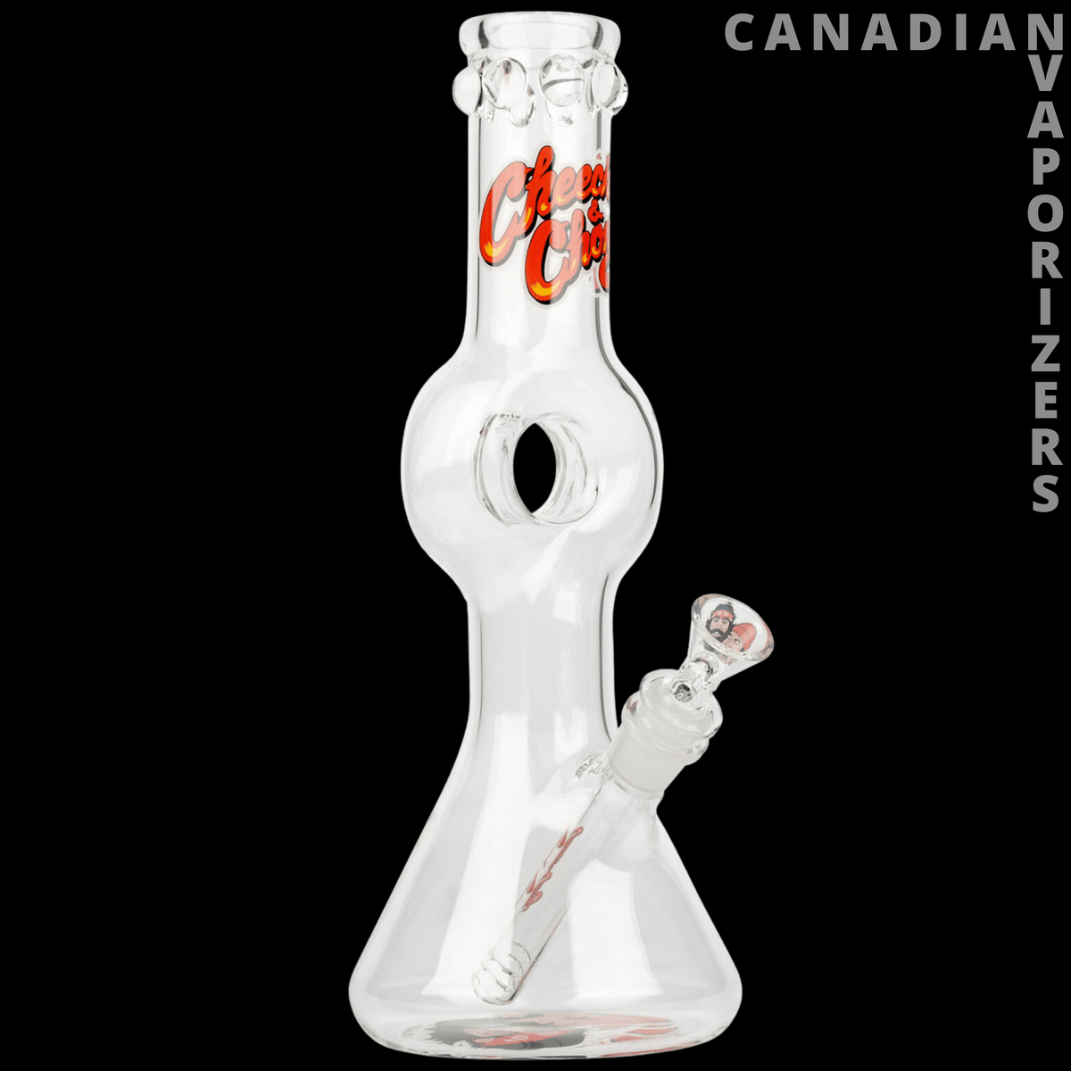 Cheech And Chong 12" Sister Mary Elephant Donut Tube - Clear glass Cheech and Chong donut tube with rounded chamber, angled joint, and branded neck decal.