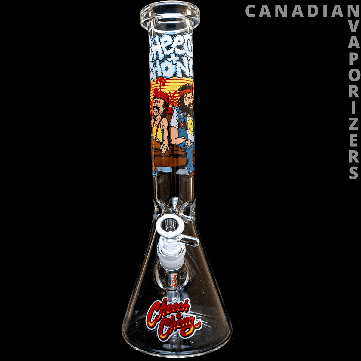 Cheech And Chong | 15" Couched Beaker Tube - 15-inch clear beaker bong with Cheech and Chong artwork, a white bowl, and a red logo on the base.
