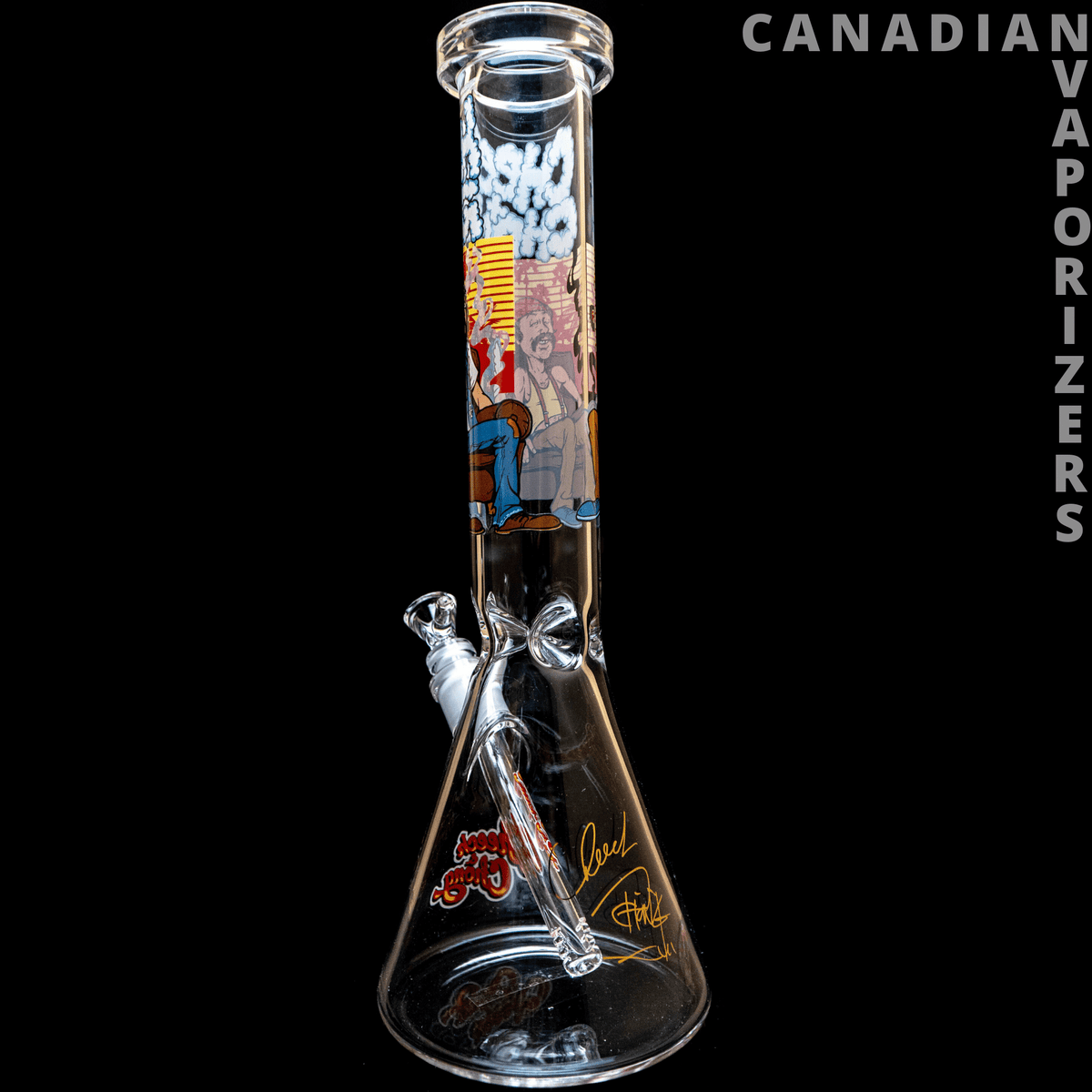 Cheech And Chong | 15" Couched Beaker Tube - 15-inch clear glass beaker bong with Cheech and Chong artwork, angled mouthpiece, and slitted downstem diffuser.