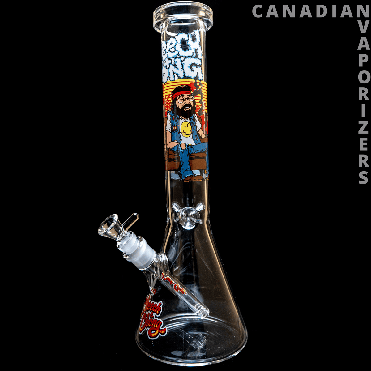 Cheech And Chong | 15" Couched Beaker Tube - 15-inch clear glass beaker tube with Cheech and Chong graphics and angled side joint.