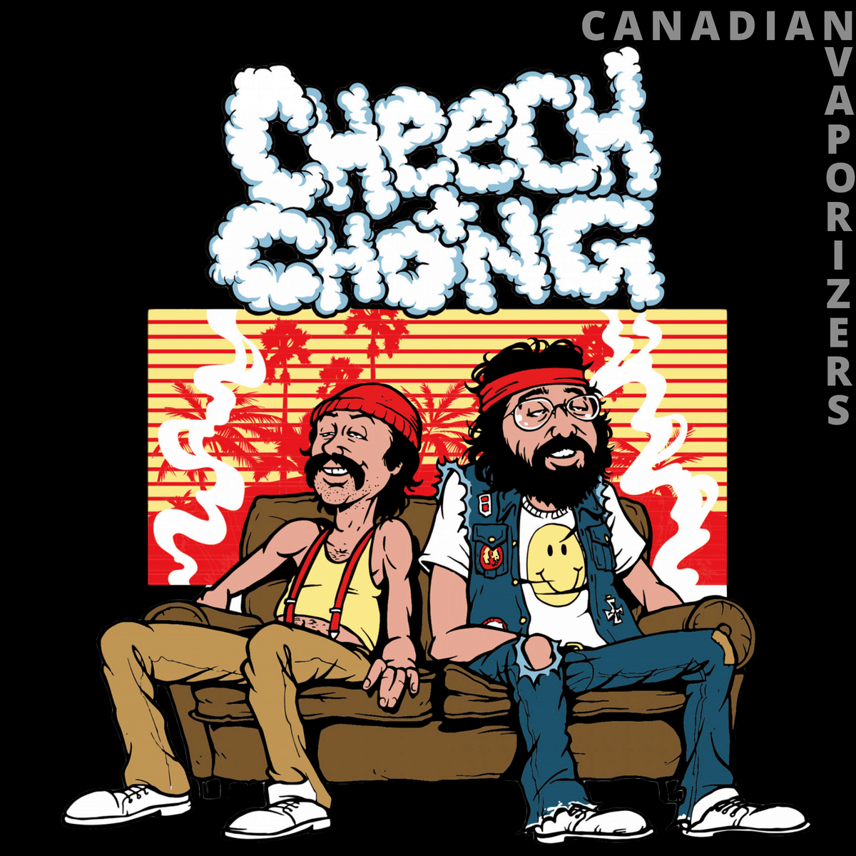 Cheech And Chong | 15" Couched Beaker Tube - Cheech and Chong graphic with two cartoon characters on a couch and bold white lettering against a red-and-yellow backdrop.