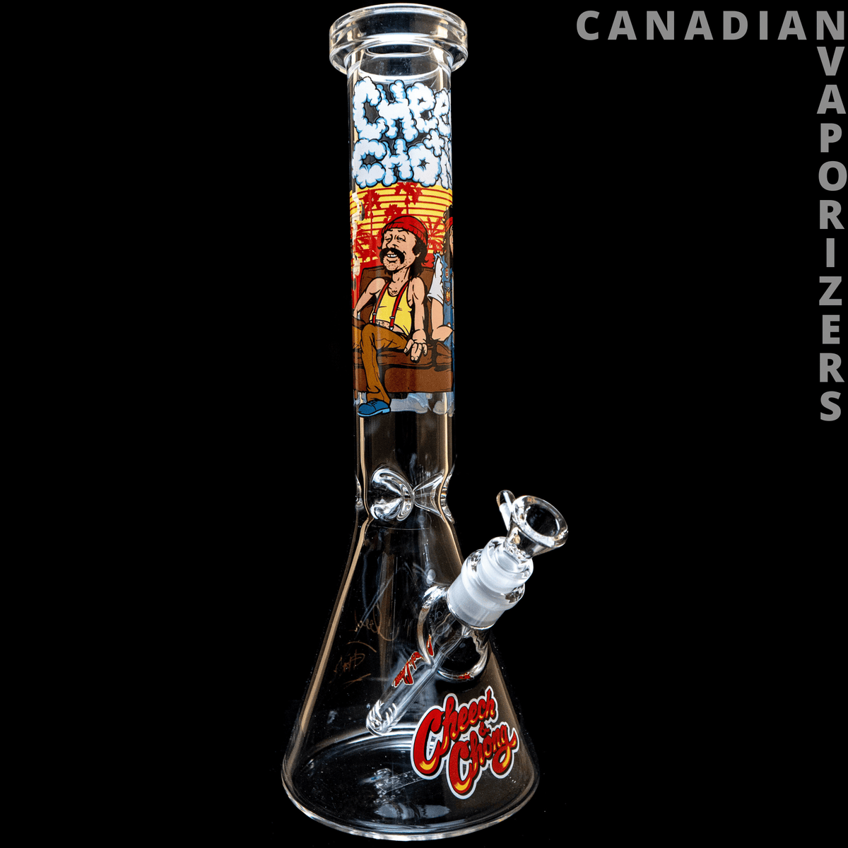 Cheech And Chong | 15" Couched Beaker Tube - 15-inch clear glass beaker tube with Cheech and Chong graphics and angled side joint.