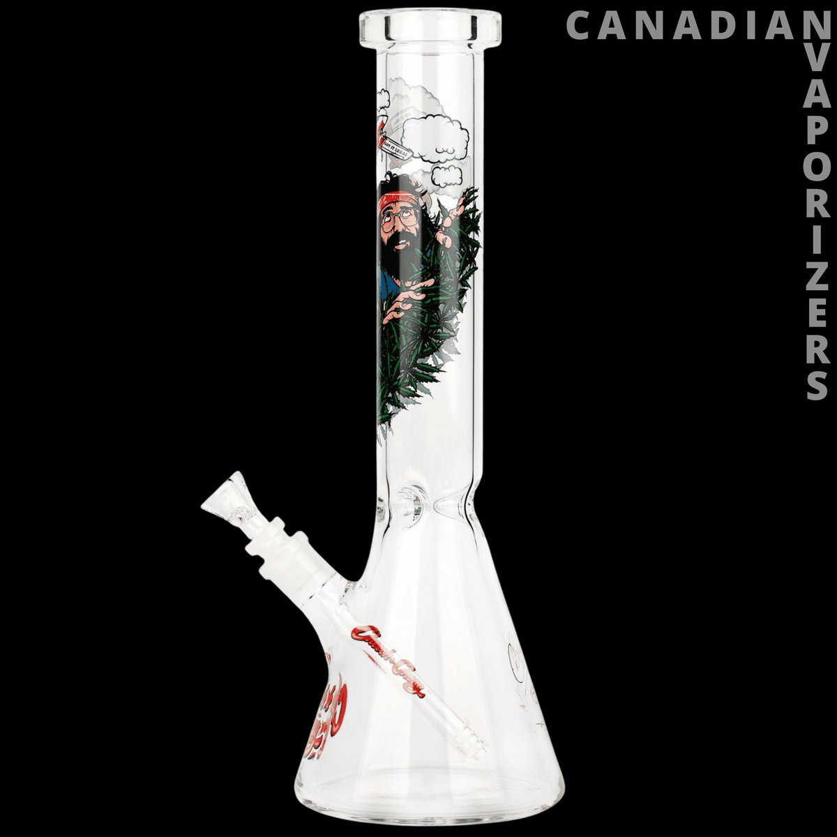 Cheech And Chong 15" Fields of Green Beaker Tube - Clear glass beaker tube with black, green, and red cannabis-themed artwork and angled side stem.