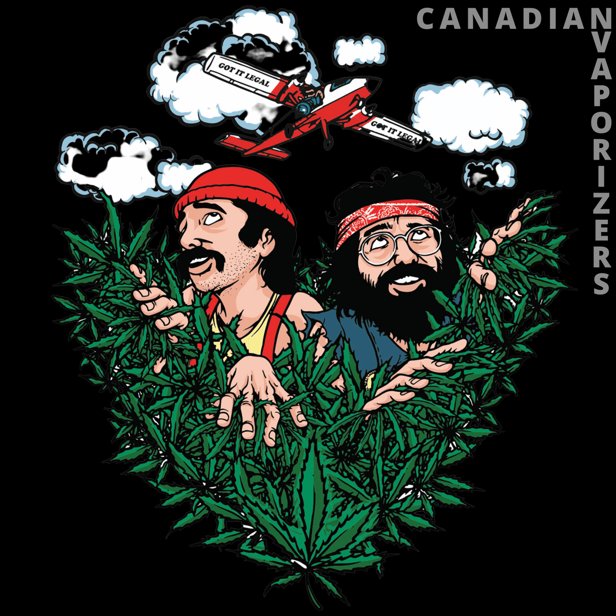 Cheech And Chong 15" Fields of Green Beaker Tube - Cheech and Chong cartoon artwork surrounded by green cannabis leaves on a black background.