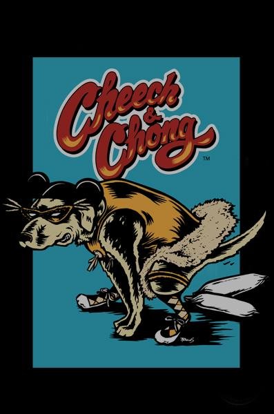 Cheech And Chong | 15" The Lab Beaker Tube - Cheech &amp; Chong turquoise graphic with red script logo and illustrated crouching figure.
