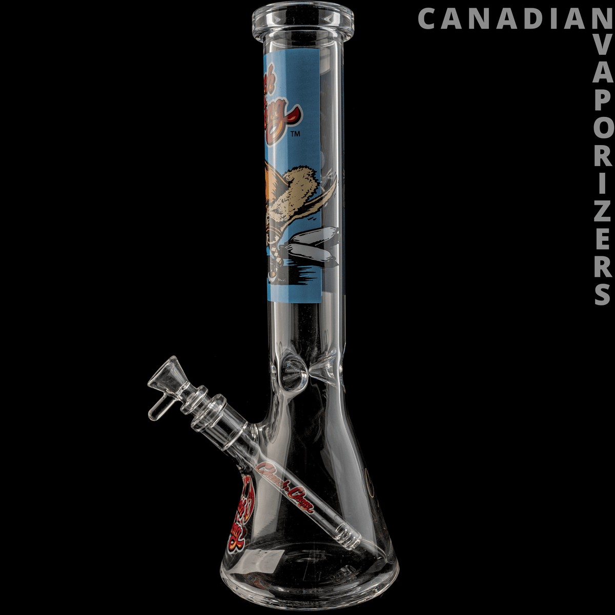 Cheech And Chong | 15" The Lab Beaker Tube - Clear glass beaker bong with a wide base, angled side bowl, and blue Cheech &amp; Chong character decal.