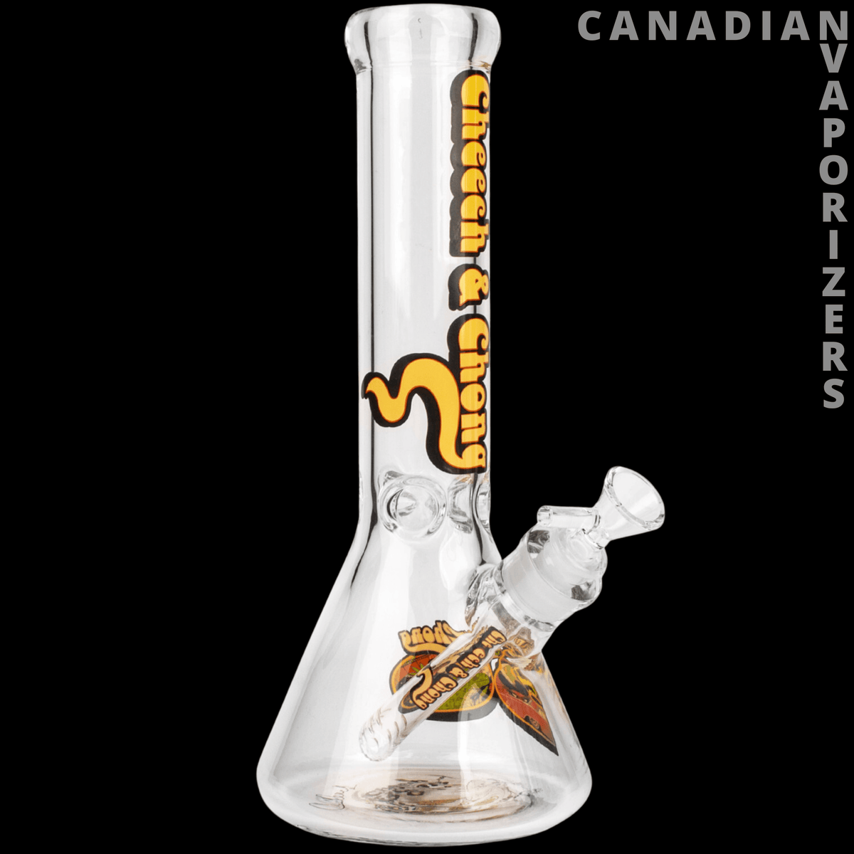 Cheech And Chong Glass 12" 7mm Thick Commemorative 50th Anniversary Beaker Tube - Clear glass beaker tube with a thick base, angled joint, and yellow Cheech and Chong anniversary graphics.