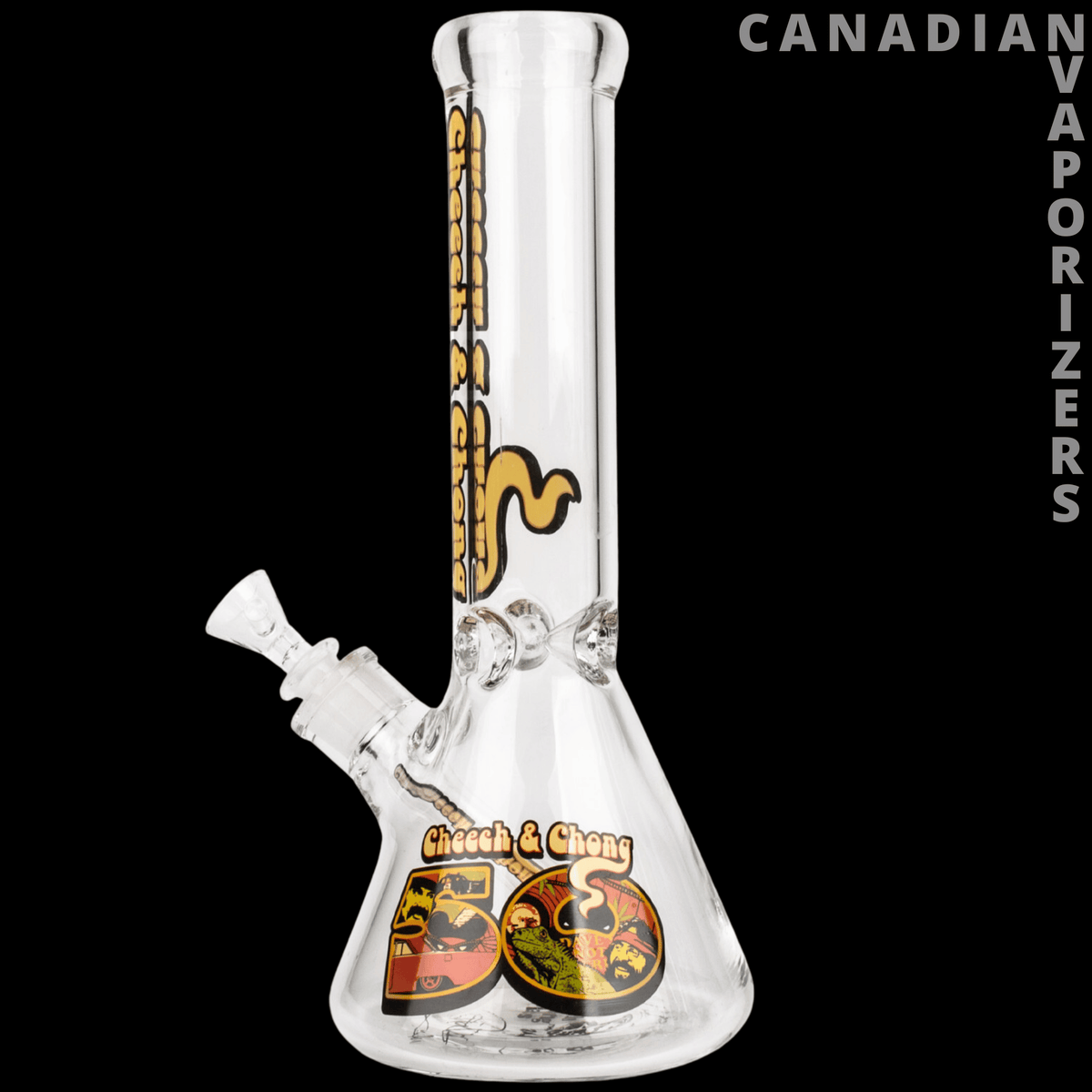 Cheech And Chong Glass 12" 7mm Thick Commemorative 50th Anniversary Beaker Tube - Clear glass beaker tube with a wide base, angled joint, and colorful Cheech and Chong 50th anniversary decals.