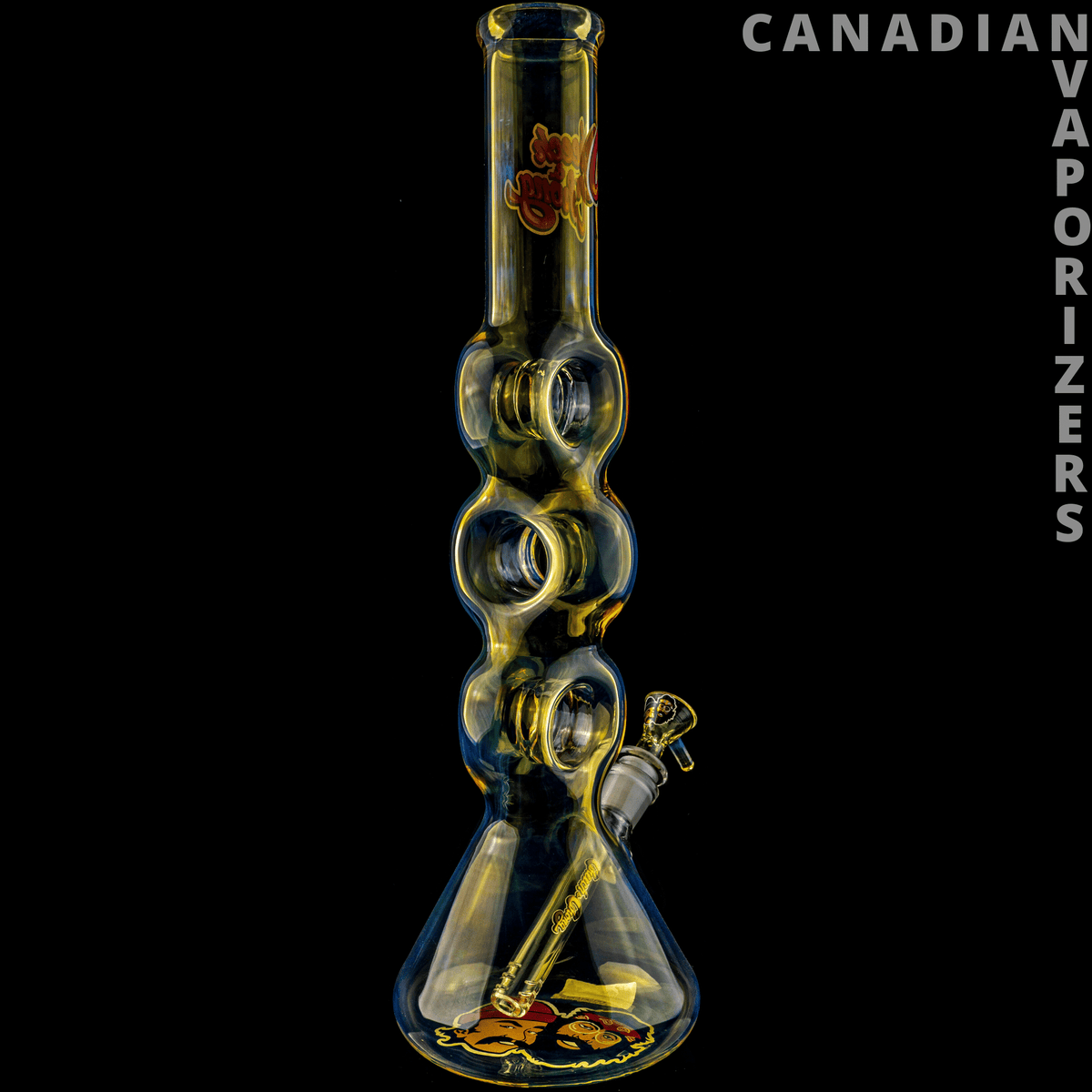 Cheech And Chong Glass | 16" Moe Money Tube with 14mm Joint - 16-inch clear glass Moe Money tube with amber accents, stacked chambers, and a flared base.