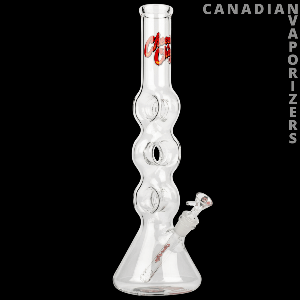 Cheech And Chong Glass | 16" Moe Money Tube with 14mm Joint - Clear glass Moe Money tube with a flared base, sculpted chambers, angled joint, and red logo detailing.