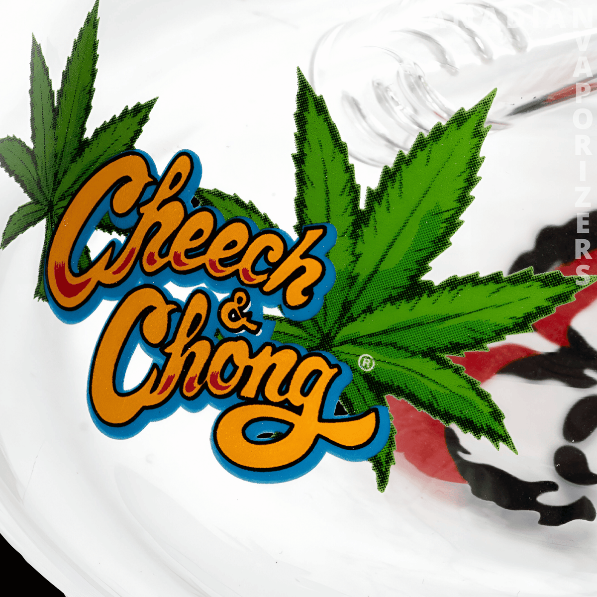 Cheech &amp; Chong 15" Pop Art Beaker Base Water Pipe - Clear beaker water pipe featuring a colorful Cheech &amp; Chong logo and green cannabis leaf graphic.