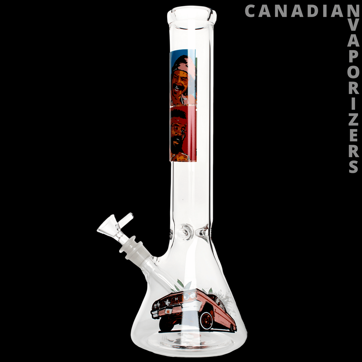Cheech &amp; Chong 15" Pop Art Beaker Base Water Pipe - Clear 15-inch glass beaker water pipe with a colorful Cheech &amp; Chong pop art decal and angled joint.