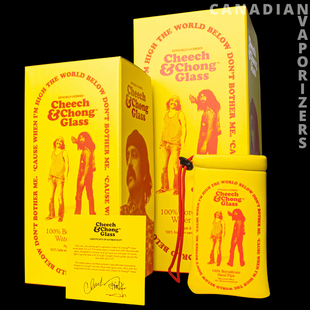 Cheech &amp; Chong 15" Pop Art Beaker Base Water Pipe - Yellow Cheech &amp; Chong Glass packaging featuring pop-art portraits and bold red lettering.