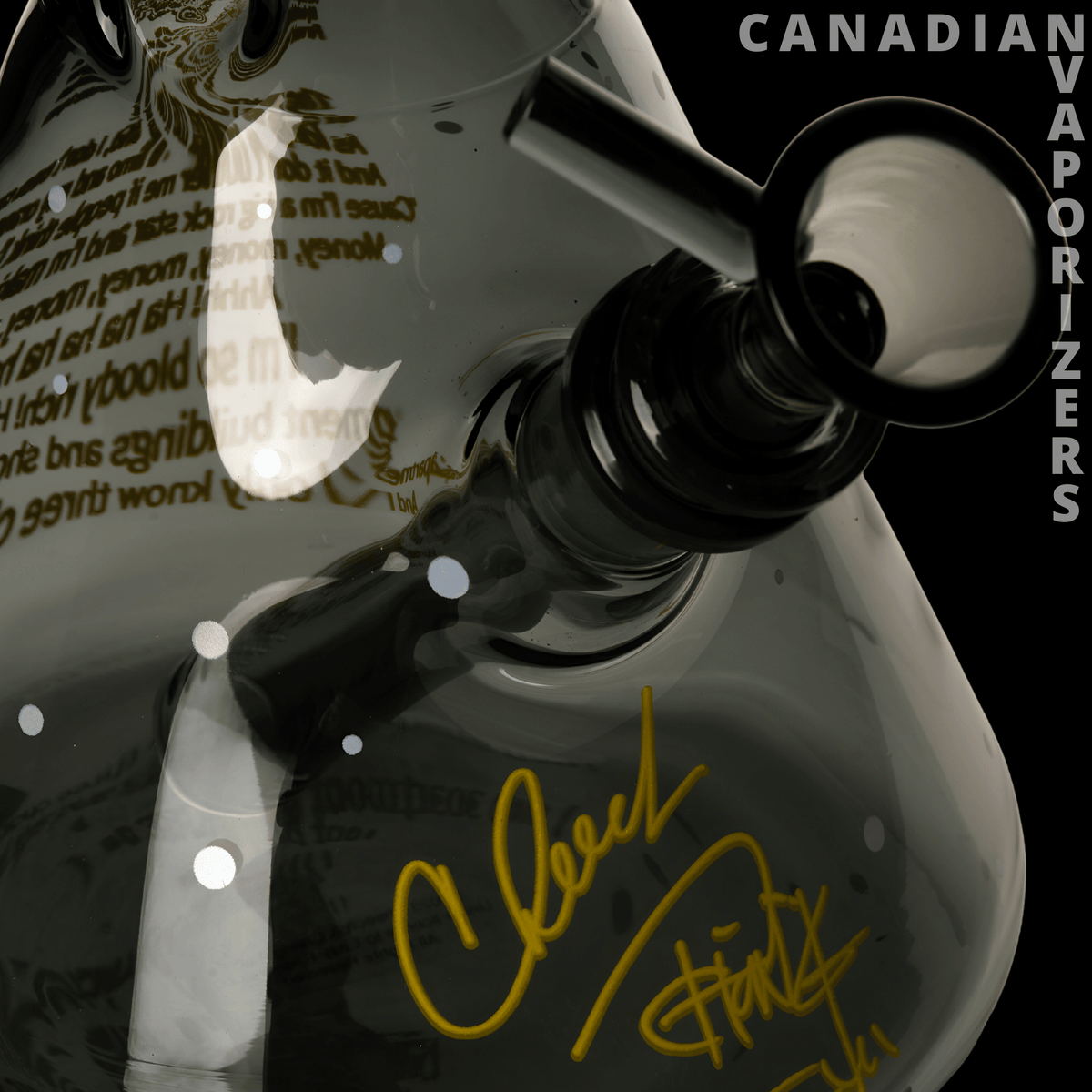 Cheech &amp; Chong 15" Stoners in Space Beaker Base Water Pipe - Smoky glass beaker water pipe with black neck, yellow signature graphic, and printed text design.