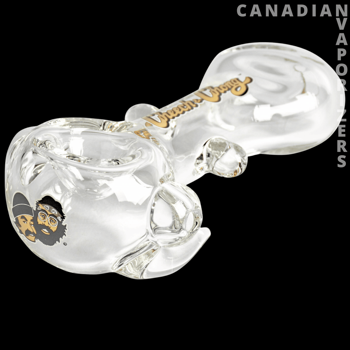 Cheech &amp; Chong Glass Far Out Man Hand Pipe - Clear glass hand pipe with a rounded bowl, curved mouthpiece, gold lettering, and Cheech &amp; Chong graphics.