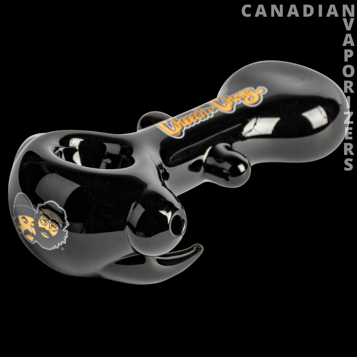 Cheech &amp; Chong Glass Far Out Man Hand Pipe - Glossy black glass hand pipe with curved bowl, Cheech &amp; Chong logo, and gold lettering.