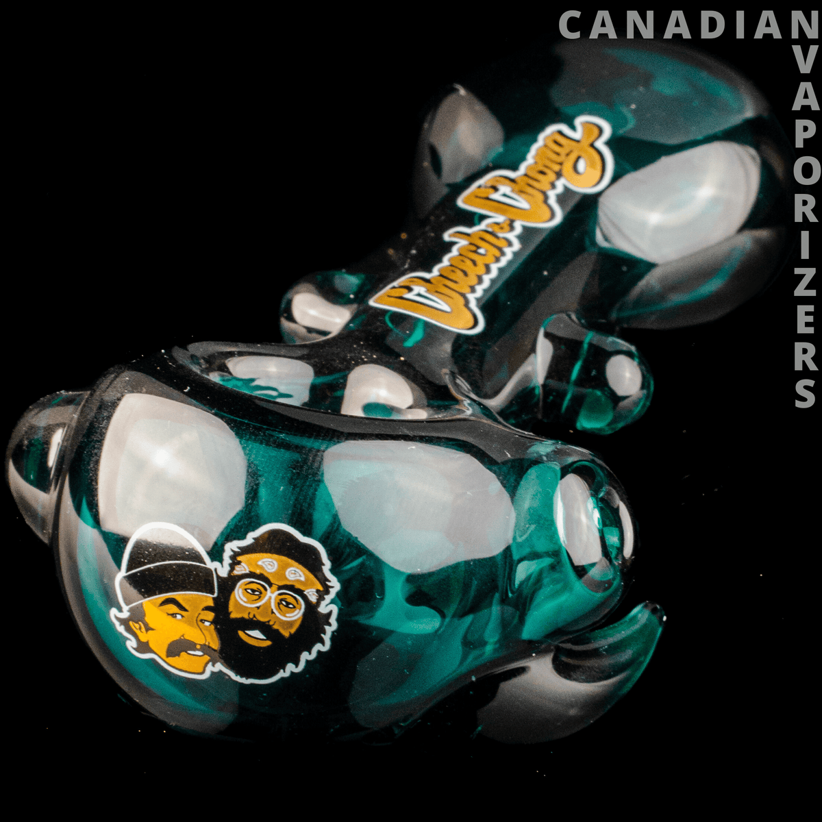 Cheech &amp; Chong Glass Far Out Man Hand Pipe - Teal and black glass hand pipe with Cheech &amp; Chong character decals and a yellow logo.