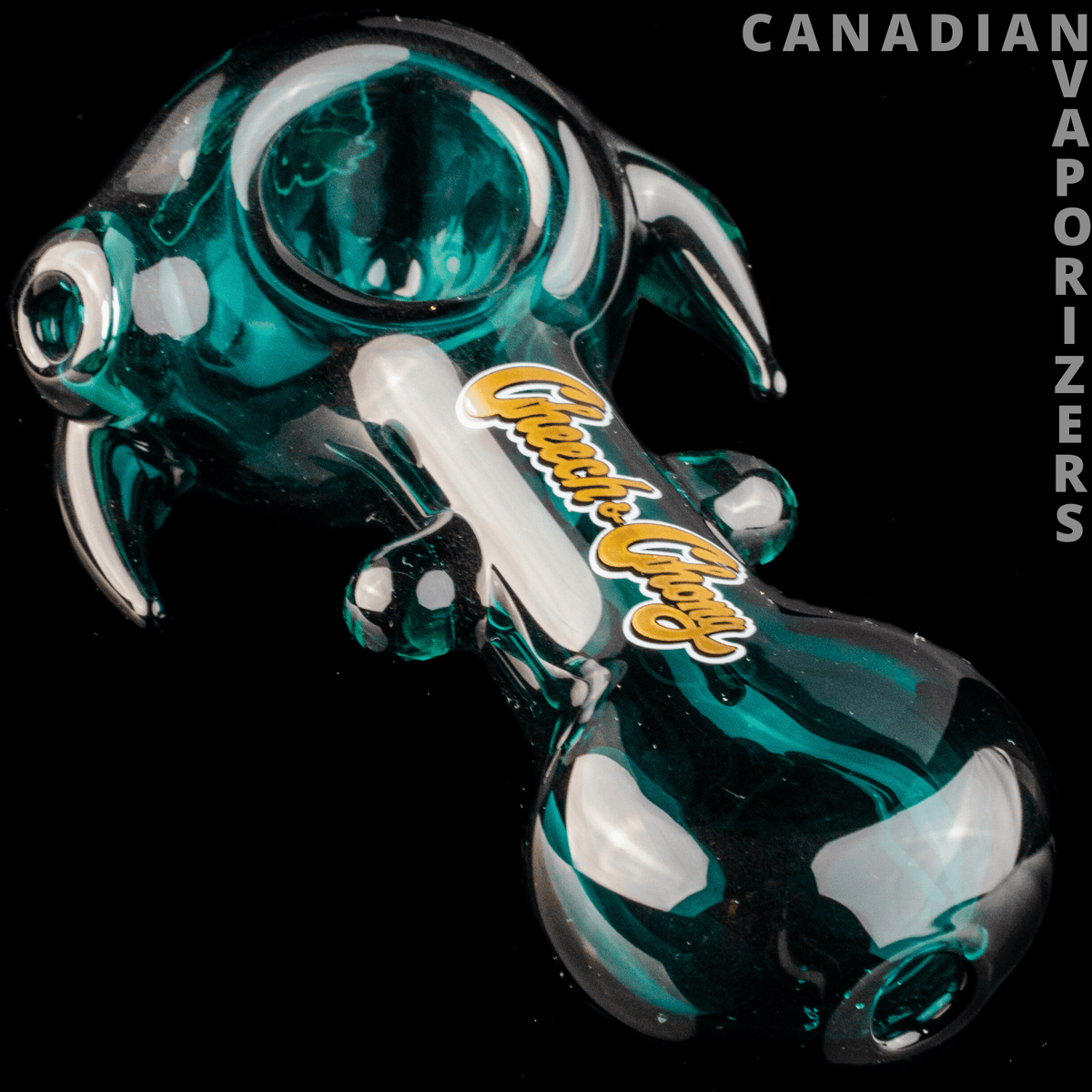Cheech &amp; Chong Glass Far Out Man Hand Pipe - Teal glass hand pipe with rounded bowl, curved stem, and yellow Cheech &amp; Chong logo.