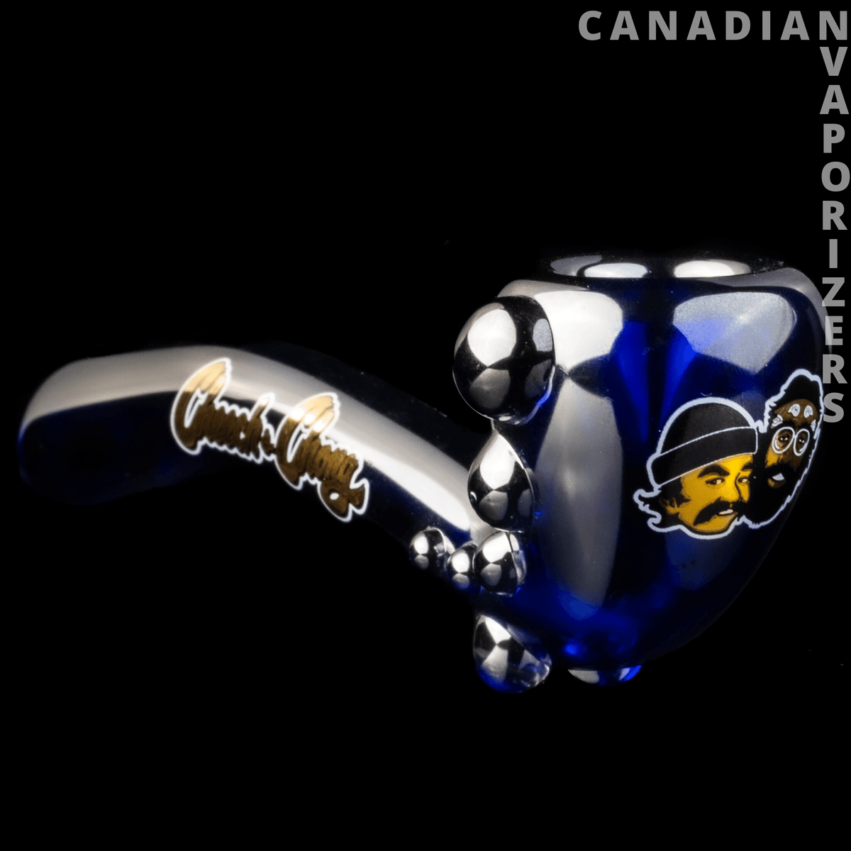 Cheech &amp; Chong Glass Rainbow Bar &amp; Grill Hand Pipe - Blue and black glass hand pipe with a curved stem, silver accents, and Cheech &amp; Chong decals.