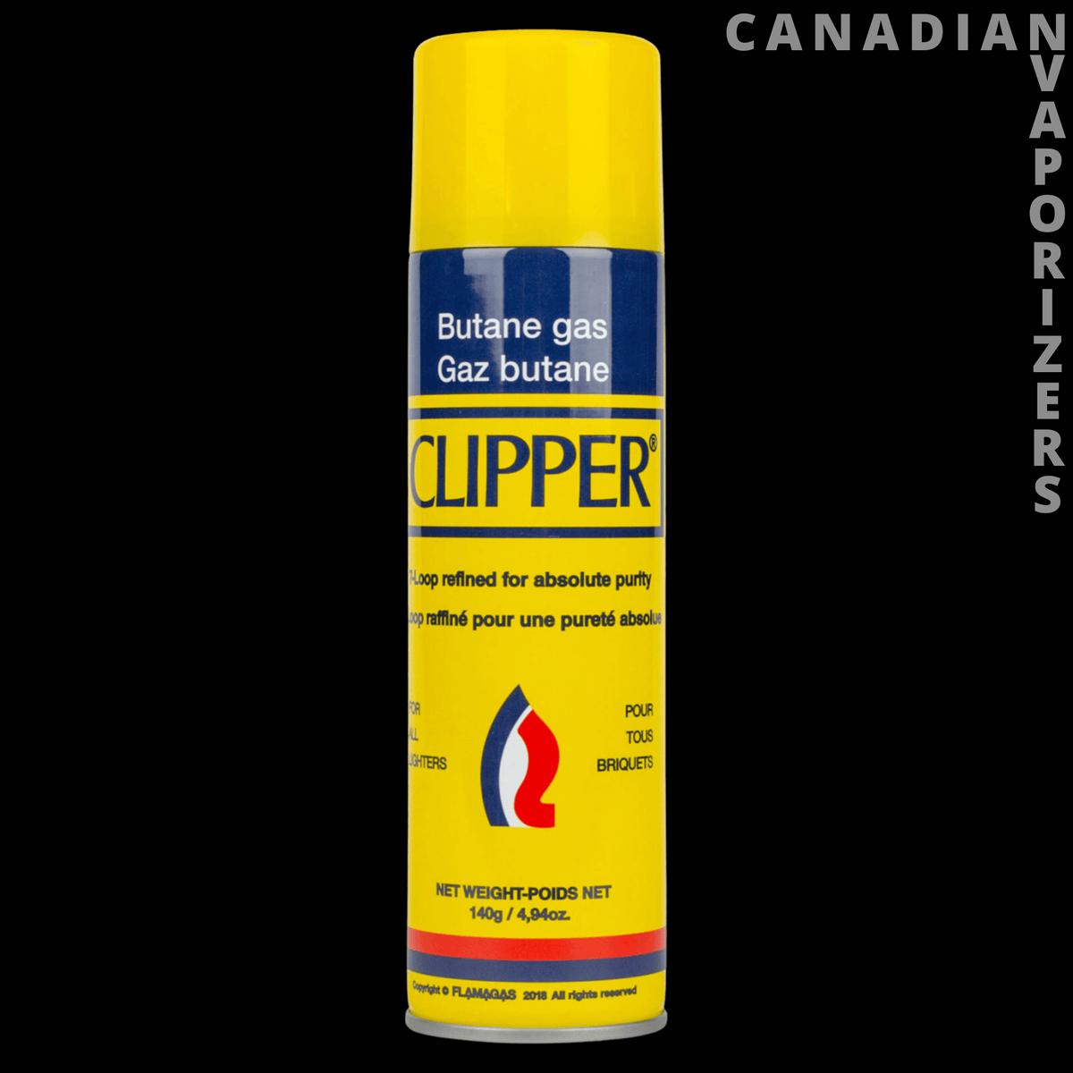 Clipper Butane (139g) - Yellow Clipper butane gas canister with blue and red label, 139g net weight.