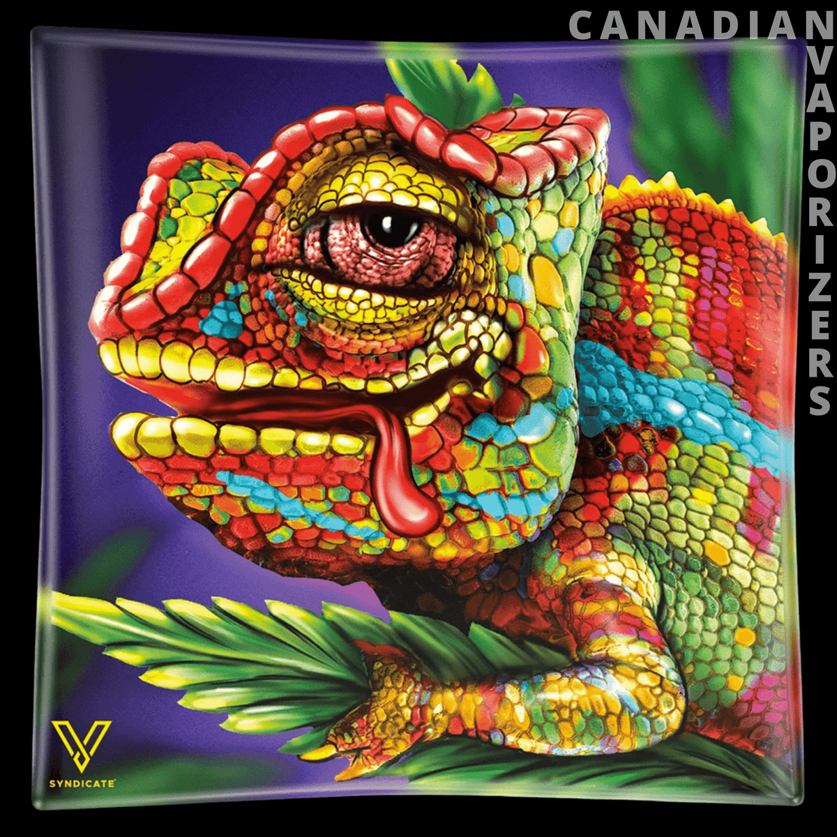 Cloud 9 Chameleon Ashtray - Square glass ashtray featuring a vivid multicolored chameleon with textured scales and green foliage.