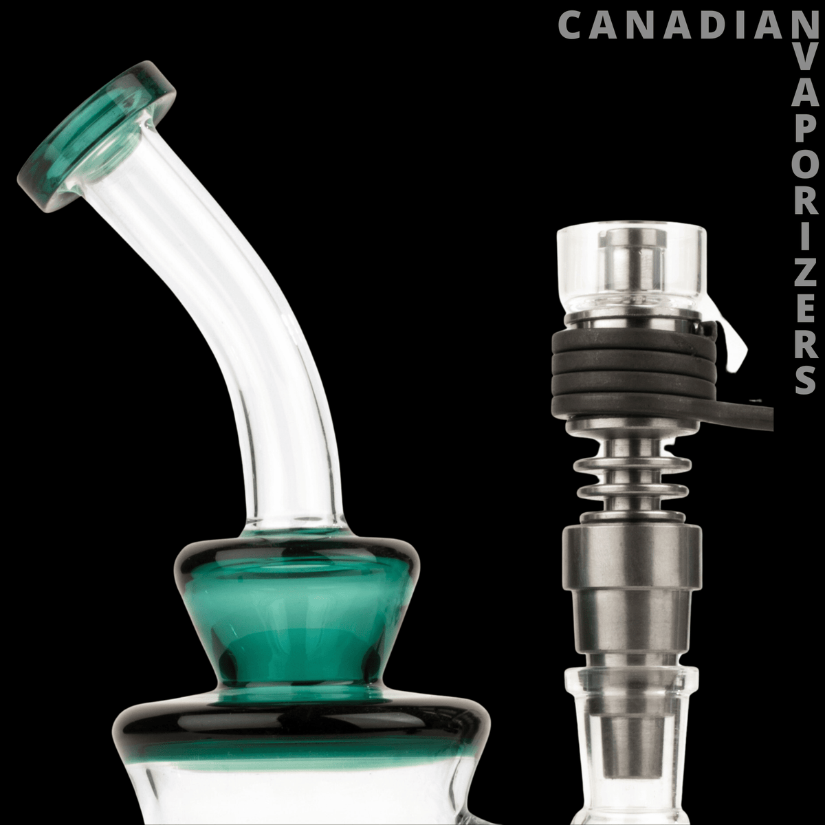 Dab Bot 2.0 E-Nail Kit - Curved clear glass e-nail rig with teal accents beside a stainless steel and black heating coil attachment.