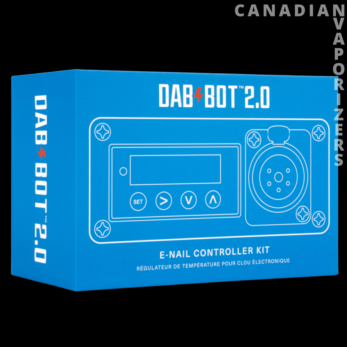 Dab Bot 2.0 E-Nail Kit - Blue Dab Bot 2.0 E-Nail Controller Kit box with white line-art controls and branding.